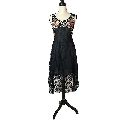 Free People Russian Nesting Doll Embroidered Black Lace Dress High Low Roses • $55