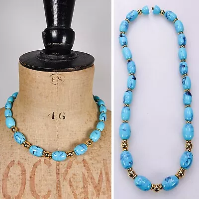 Quality Vtg 70s Egyptian Look Blue Bead Necklace Turquoise/Gold Hue Hidden Clasp • £17.99