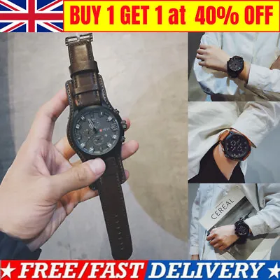 2024 Men Military Quartz Watch Large Dial Casual Leather Strap Mens Wristwatch • £8.87