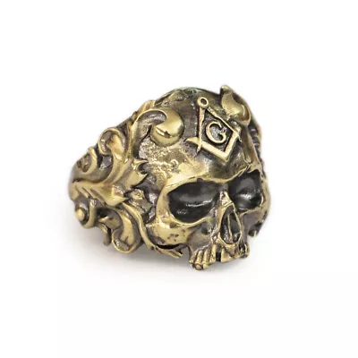 LINSION Rings Brass Masonic Skull Ring Mens Biker Punk Ring BR116D US Size 7~15 • $23.99