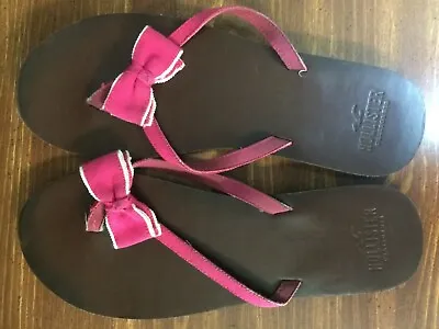 Hollister Women Leather/fabric Flip Flops Size LARGE  Pink Bow Detail  • £8.27