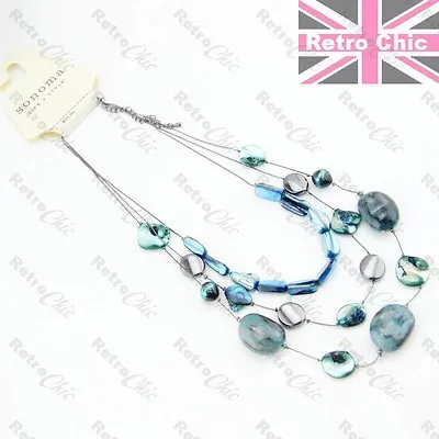 BLUE Green AQUA Long NECKLACE Shell Beads TRIPLE LAYERED Boho EX STORE • £3.99