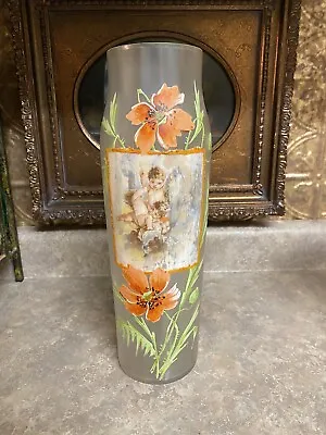 Vintage Frosted Glass Vase Hand Painted Enamel Poppy Flowers With Cherubs • $18