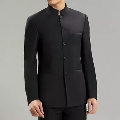 Mens Stand Collar Jacket Black Chinese Tunic Suit Tang Formal Dress Blazer • £49.66