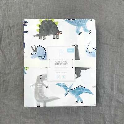 Pottery Barn Kids Organic Maverick Dino Sheet Set Queen Blue Grey White • $129