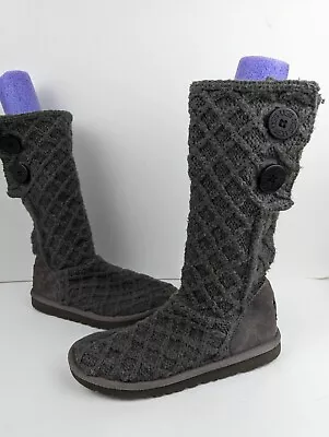 UGG Womens Lattice Cardy Gray Knit Knee Length 2 Button Winter Tall Boot Size 6 • $19.99