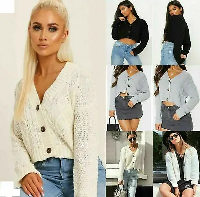 NEW Women's Chunky Cable Knitted Cardigan 3 Button Long Sleeves Crop Top Short • £8.99
