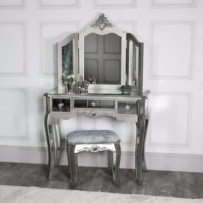 Silver Mirrored Dressing Table Stool Mirror Ornate Bedroom Furniture Set • £341.95