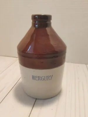 Vintage Small Mercury Crock Medicinal Stoneware Jug Tan & Brown 6  Empty • $14.99