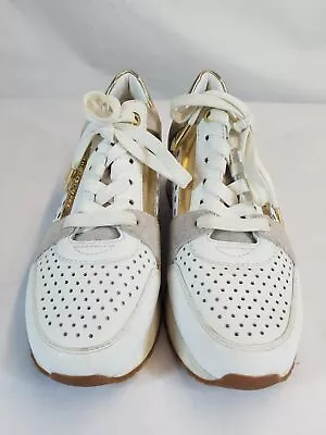 Michael Kors Women's Billie Trainer White Gold Leather Sneakers Shoes Size 7 M • $14.99