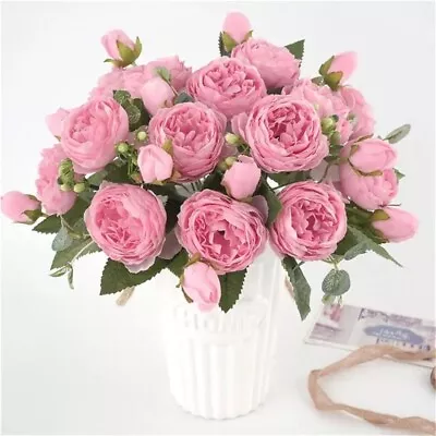 27 Head Vintage Artificial Peony Silk Flower Bouquet Wedding Party Home Decor UK • $18.99