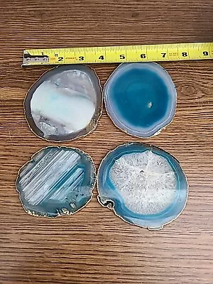Agate Coasters For Drinks Set Of 4 Modern Gold Edge Stone Geode W Grippy Feet • $23
