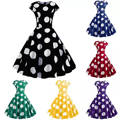 Women Vintage Polka Dot Print Rockabilly Swing Skirt Evening Party Midi Dress • $27.89