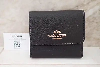 New Genuine Coach Black Crossgrain Leather Small Trifold Wallet • $160