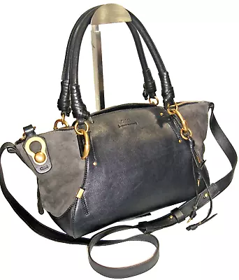 Chloe Med. Owen Navy Calfskin Leather Gray Suede Trim Satchel Shoulder Bag MINT! • $649.95