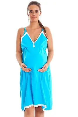 Maternity Nursing Nightgown V-Neck Lace Trim Spaghetti Strap Breastfeeding Cami • £12.95