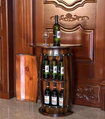 Mini Bar Table Round Brown Barrel Wood Storage Liquor Cabinet Shelf Wine Home  • $359.95