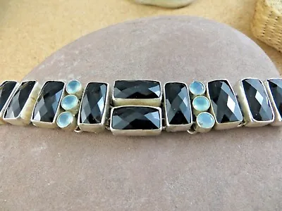 Vintage Faceted Black Onyx Blue Moonstone Sterling Silver Tennis Bracelet  #408 • $179.95