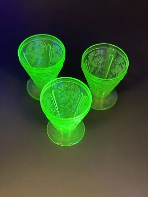 VTG Uranium Green Depression Glass Set Of 3 Footed Juice Glasses 3.5” /r • $28.50