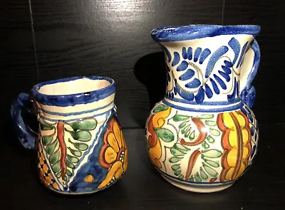 Mexican Talavera Art Pottery Kitchen Pitcher And Mug Hand Painted And Signed • $20