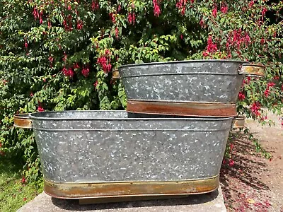 Set Or 1 Galvanised Zinc Large Metal Planters Troughs Outdoor Garden Flower Pots • £33.29