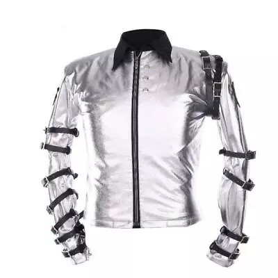 Michael Jackson King Of Pop Bad Concert MJ Belted Biker Silver Satin Jacket • $86.20