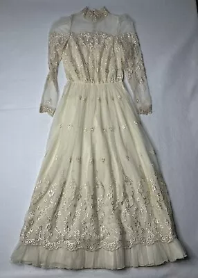 Vintage Country Elegance California Ivory Lace Embroidered Dress Size 10 • $69.85