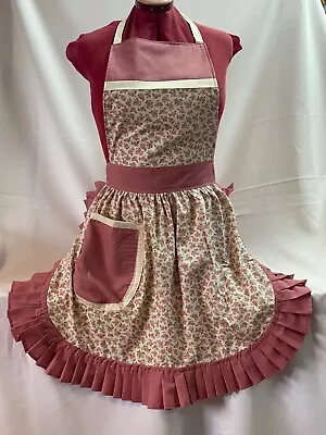 RETRO VINTAGE 50s STYLE FULL APRON / PINNY - PINK ROSES With DUSKY PINK TRIM • £26.99