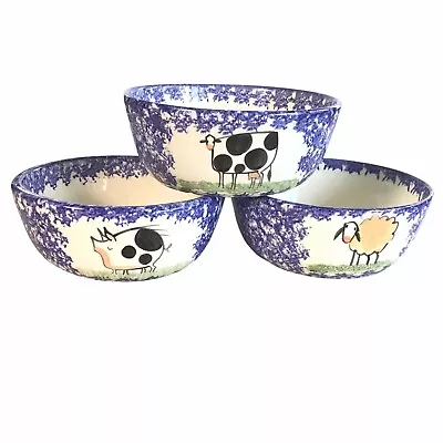 Molly Dallas Spatterware Folk Art Pottery Cereal Snack Bowls  Set Of 3 • $30