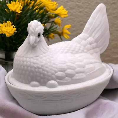 Antique 1890’s ATTERBURY Milk Glass Hen On Kimple Nest Dish Excellent Condition • $39.99