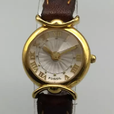 Vintage Fossil Watch Women Gold Tone 26mm Faceted Crystal Leather New Battery • $26.99