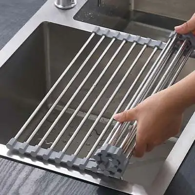 Over Kitchen Sink Roll Up Dish Drainer Drying Rack Stainless Steel Trivet Mat • $15.99