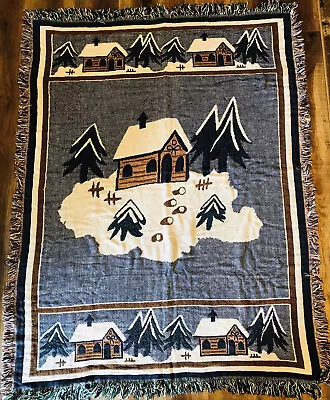 Vtg American Bedding & Bath Tapestry Throw Blanet Cabin Winter 44”x 64” (1L) • $32