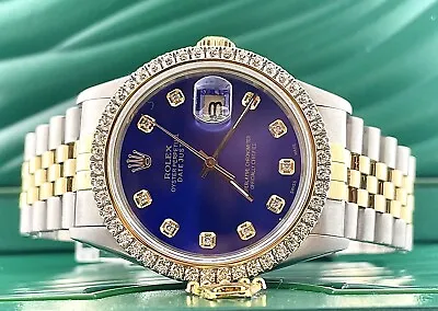 Rolex Men's Datejust 36mm 18k Yellow Gold & Steel ICED 2.50ct Diamonds Blue Dial • £6737.29