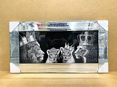 Lion Family Picture Liquid Art Silver Mirror Frame King Queen Cub Wall Art 85x45 • £89.99