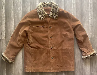 $35 • Buy Suede Cheetah Faux Fur Trim Jacket Vintage Button Up Brown Coat Woman’s M