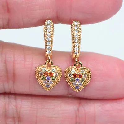 18K Yellow Gold Filled Women Multicolor Topaz Heart Dangle Huggie Earrings • £4.99