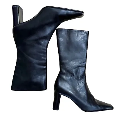 PRADA Vero Cuoio Women’s Black Leather Boots Sz US7.5 Square Elongated Toe Italy • $179