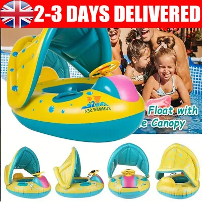 Baby Swimming Float Seat Kids Inflatable Boat Ring Infant Sunshade Swim Pool Toy • £9.90