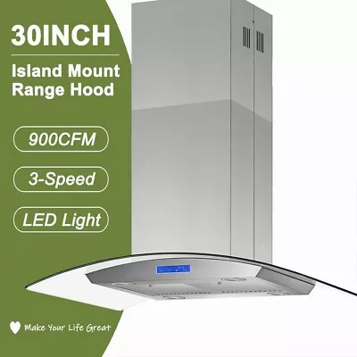 30in Kitchen Tempered Glass Island Mount Range Hood Stainless Steel W/LED 900CFM • $285.99