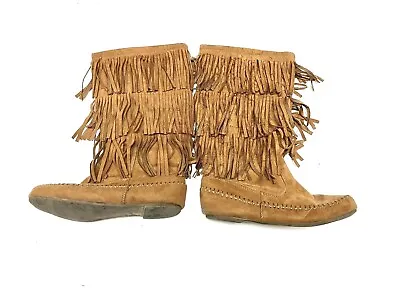 Arizona Jeans Moccasin Boots Brown Flats Fringe Faux Suede Size 6 • $14.99