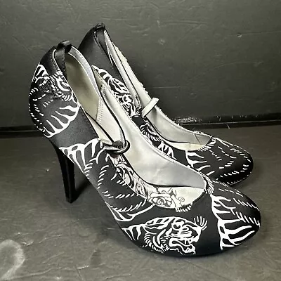 Ed Hardy  Women's Black  White Heels Pumps With Tiger Print Size 9 • $39.99