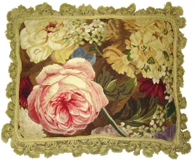 14  X 18  Handmade Wool Needlepoint Petit Point Pink Cabbage Rose Pillow • $355.74