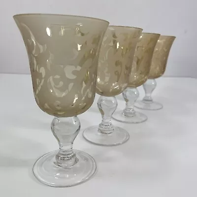 4 X MICHAEL WEEMS Style 8” Tall Amber Gold Etched Floral Patterned Glass Goblets • $35.20
