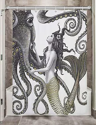 Mermaid Octopus Fabric Shower Curtain Waterproof Love White Gold Bathroom Decor • $16.99