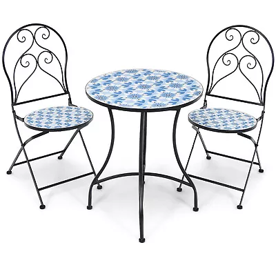 3Pcs Garden Furnitue Mosaic Metal Dining Set Patio Bistro Folding Chair Table • £117.95