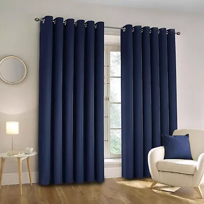 Plain Blackout Eyelet Curtains Ready Made Ring Top Thick Curtains With Tie Backs • £21.99