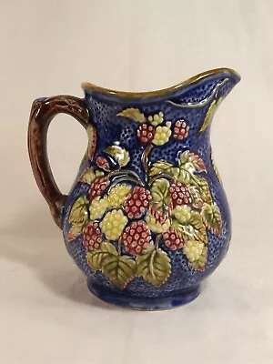 Majolica Shorter Staffordshire Pitcher Blackberry Pottery Jug 36s Blue Brown • $34.99