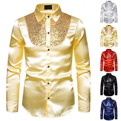 Men Sequins Glitter Long Sleeve  Button Shirt Club Party Dance Casual Shiny Tops • £12.59