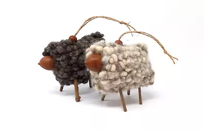 2 Artisan Handmade Folk Art Hooked Wool Sheep Hanging Figurine Ornaments • $34.50